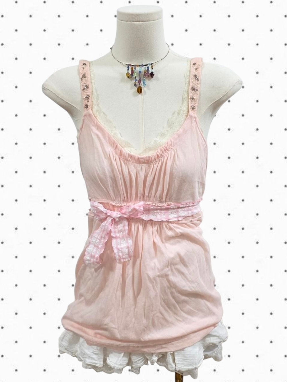Abercrombie Vintage Light Pink Beaded Babydoll Top With Tie